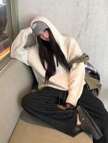 Women's Winter Half-Zip Hooded Knit Pullover Sweater Top - Apricot - View 6