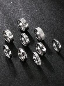 9pcs/Set Men's Stainless Steel Rings, Sports Style Jewelry, Silver Fashion Accessories, Polished & Matte Texture, Suitable As Gift For Boyfriend, Husband, Selected Gift For Halloween, New Year - Silver - View 2