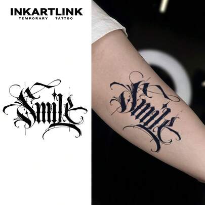 INKARTLINK 1PC Smile Gothic Calligraphy Tattoo Sticker, Temporary Waterproof Body Art Tattoo Sticker, Lasts 2-5 Days, Water Transfer Color Tattoo Sticker, Suitable For Men And Women, Must-Have For People, Party Essential Decoration, Holiday Celebration Body Decoration