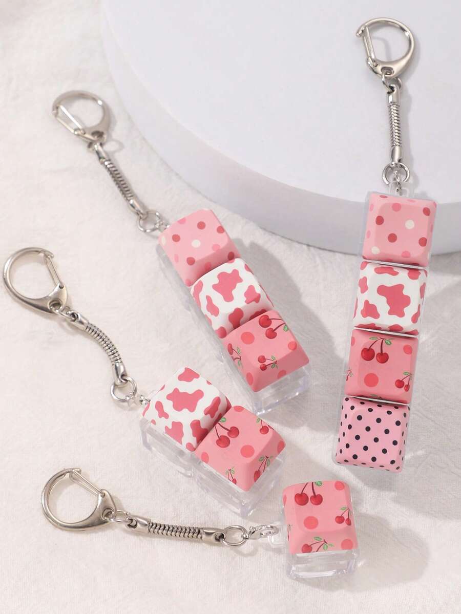 4/3/2/1 Key Sweet Pink Cherry Cow Polka Dot Pattern Cube Keychain, Lightweight & Durable, Decorative Spring Clip, Bag Charm, Key Ring, Suitable For Men & Women, Backpack Decoration, Wallet Pendant, Car Key, Handbag Accessory, Daily Commute, Holiday Gift, Party Favor, Christmas Valentine's Day Birthday Wedding Gift - Multicolor - View 1