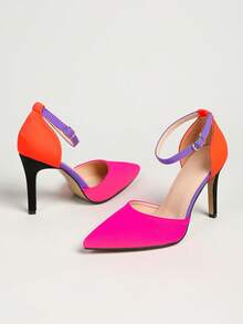 Women's Colorblock Pointed Toe Stiletto High Heels, Adjustable Ankle Strap Hollow Out Evening Shoes, Banquet Pumps - Hot Pink - View 6
