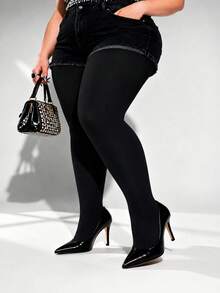1 Pair Plus Size High Elasticity Tights, Loose Fit, Solid Color Opaque Tights Suitable For Curvy Body, High Waist Anti-Slip Soft Comfortable Leggings, No Tightness, Designed Specifically For Plus Size - Multicolor - View 5