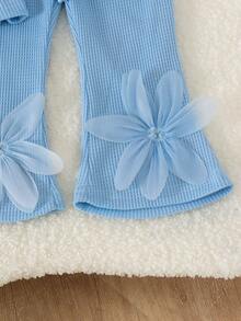 2pcs Baby Girl Fresh Girl Style Flutter Sleeve 3D Tulle Flower Long Sleeve Top & Large Floral Hem Flared Long Pants Set, Spring/Autumn - Baby Blue - View 6