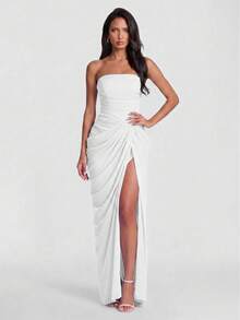 Asymmetric Ruched Strapless Sexy Sheer High Slit French Romantic Wedding Party Dress - White - View 2