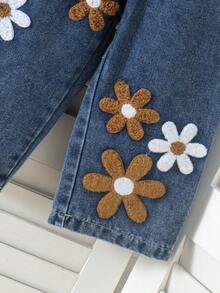 2pcs Baby Girl Pastoral Mori Style Plaid Embroidered Petal Sleeve Round Neck Doll Top With 3D Daisy Patchwork Denim Wide Leg Pants Set, Spring/Autumn - Coffee Brown - View 8