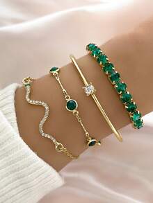 Conjunto De Brazaletes De Serpiente Con Forma De Reptil, Llenos De Estrás Y De Moda, Que Incluyen 4 Piezas (cadena Con Diseño De Estrás Verdes, Cantidad De Estrás Este Variable) - Dorado - Ver 1