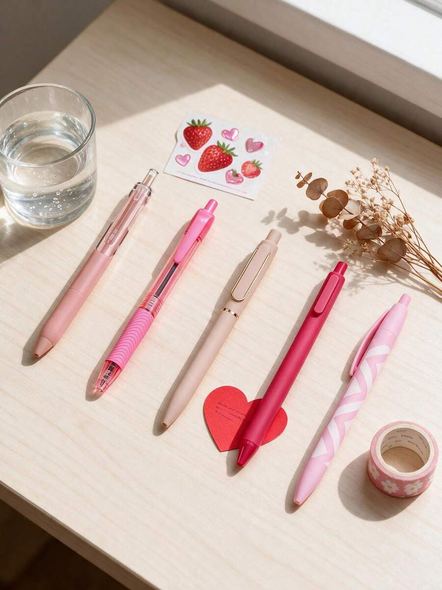 1pc/5pcs High Aesthetic Pink Tone Retractable Gel Pens, Gentle Macaron Pink Smooth Black Ink Pen, Cute Planner Notebook Student Office Stationery, Girls Gift Choice, Gift For Friends - Pink Tones - View 1