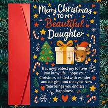1 Card + 1 Envelope Cute Christmas Card, Reindeer & Gift Box Design "Merry Christmas, My Beautiful Daughter", Suitable For Family, Winter Holiday Celebration Style Card - Multicolor - View 1
