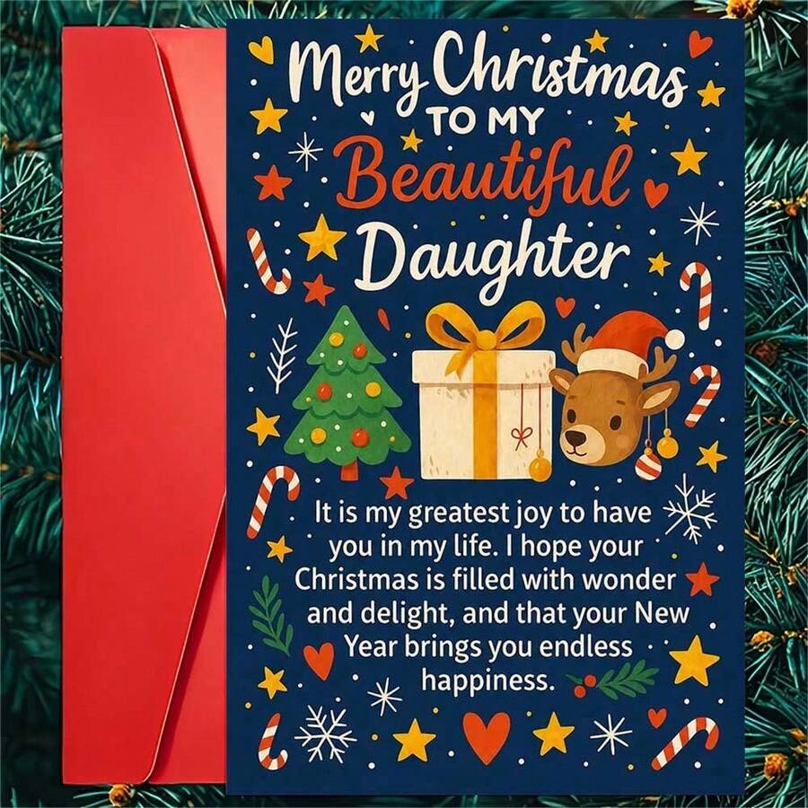 1 Card + 1 Envelope Cute Christmas Card, Reindeer & Gift Box Design "Merry Christmas, My Beautiful Daughter", Suitable For Family, Winter Holiday Celebration Style Card - Multicolor - View 1