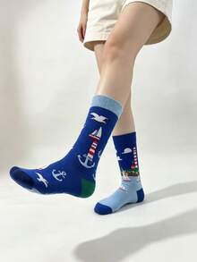 1 Pasang Kaos Kaki Asimetris Wanita Setinggi Betis, Motif Mercusuar, Burung Camar, dan Perahu Layar Gaya Bahari, Kaos Kaki Kasual Desain AB yang Dipersonalisasi - MultiWarna - View 4