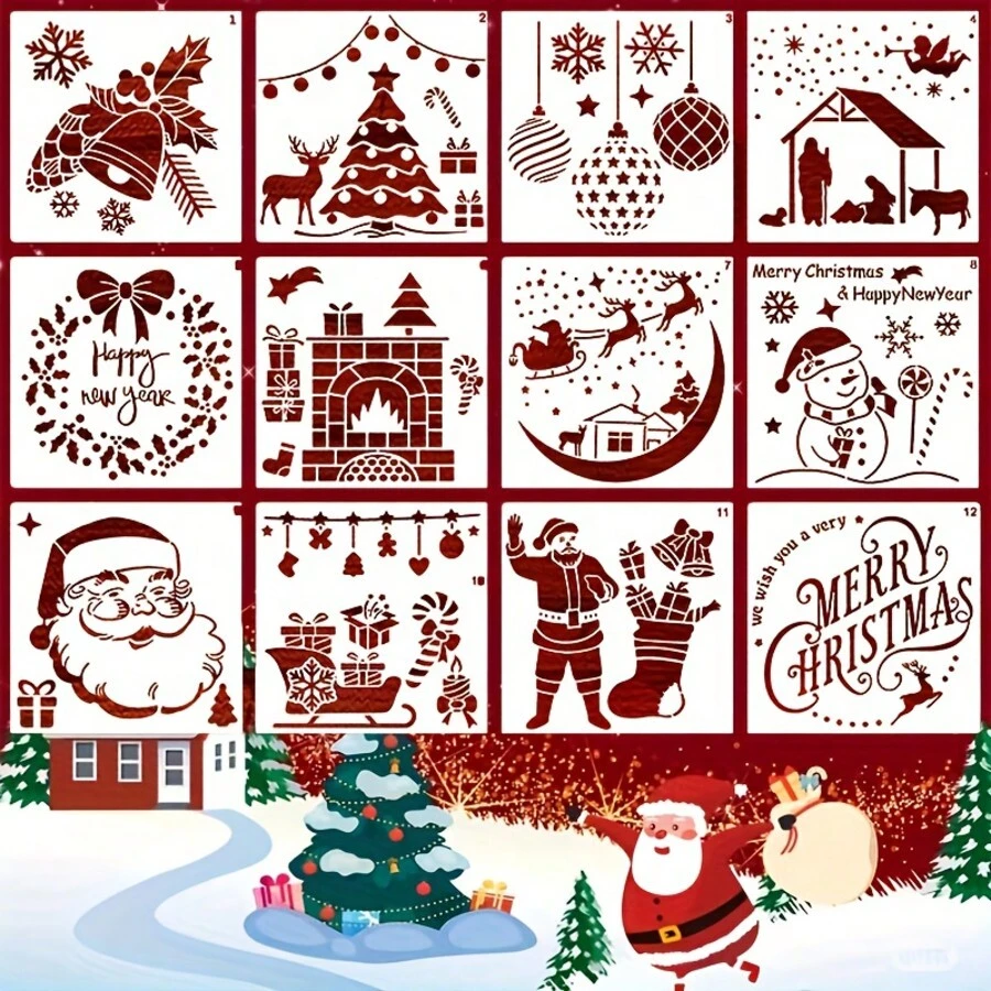 [Christmas Stencil Set] 12pcs Christmas Stencil Set, For Handmade Crafts, Reusable Wooden Templates, Suitable For Painting, Wall Art, Graffiti, Holiday Creative Decoration, Plastic Stencils, Suitable For Holiday Handmade Crafts - Y - View 1