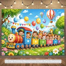 2D Plane 1 Cartoon Happy Train Theme Background, With Colorful Balloons, Flowers And Lovely Animals In The Forest, Suitable For Sending A Decoration, Can Be Used As A Holiday Gift, Suitable For Indoor And Outdoor Activities. - 1 - View 7