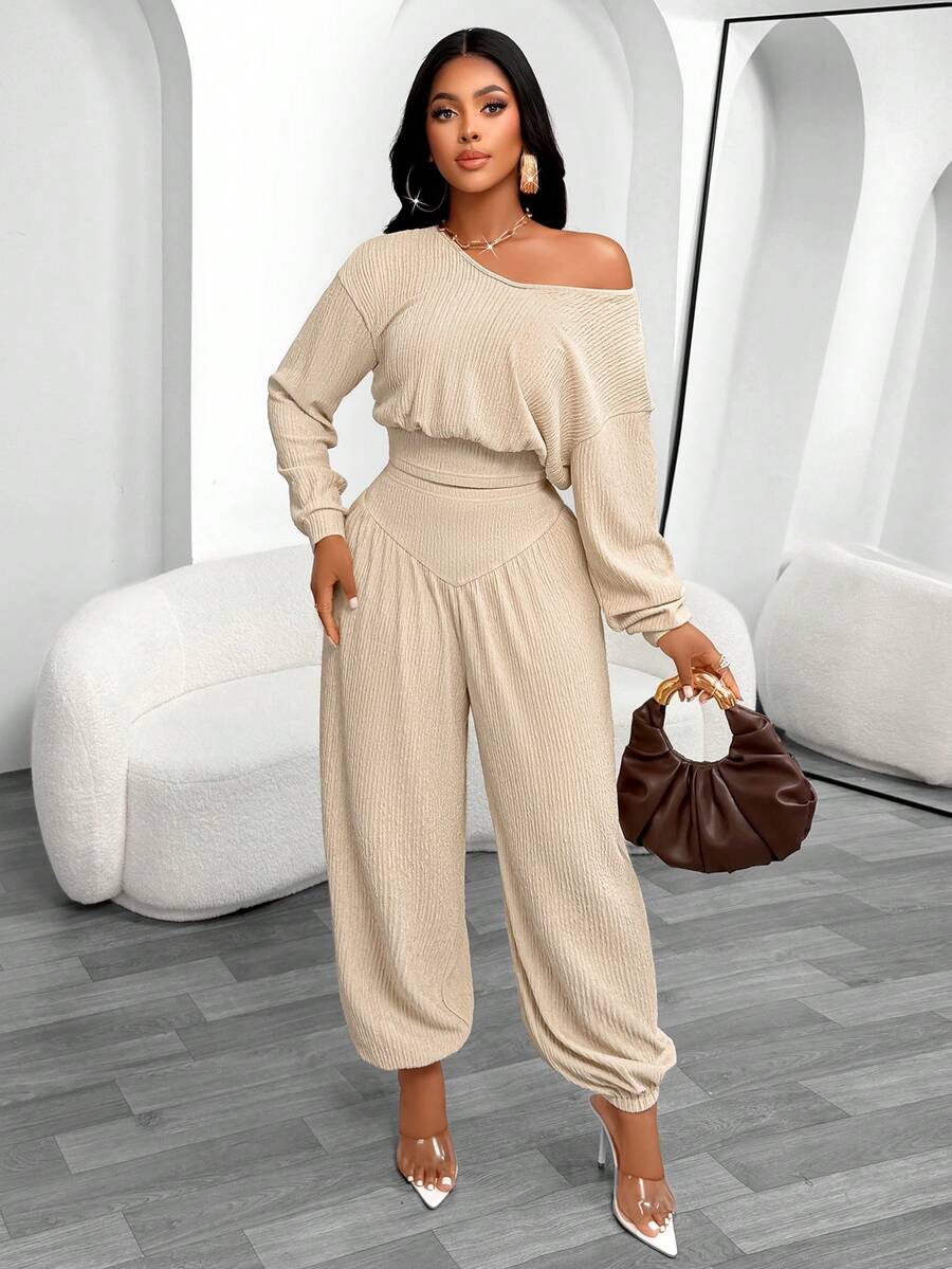 Aliling Autumn/Winter Fashion Women's Solid Color V-Neck Long Sleeve Cropped Top + Lantern Pants 2 Pieces Set, Asymmetrical Shoulder Design, Elastic Textured Fabric, Suitable For Daily Outings And Shopping - Apricot - View 1