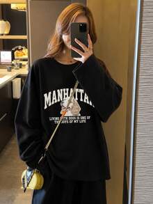 Women's Fashion Autumn/Winter Loose Minimalist Versatile Letter & Cartoon Puppy Print Long Sleeve T-Shirt - Black - View 4