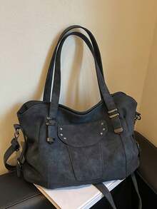 Vintage And Large Capacity Tote Bag, Decorated With Star Rivets And Adjustable Crossbody Shoulder Strap, Perfect For Shopping And Outings - Black - View 13