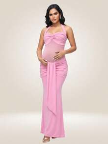 JustVH Maternity Mesh Pleated Draped Halter Backless Mermaid Hem Maxi Dress, Suitable For Baby Baptism Photography - Pink - View 6