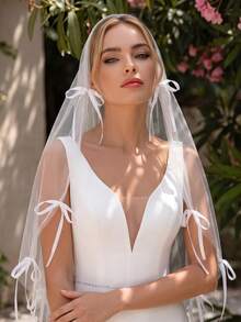 1pc Satin Ribbon Bow Decor Soft Tulle Bridal Veil, For Wedding, Bachelorette Party, Travel Photography Wedding Dress Accessory - White - View 4