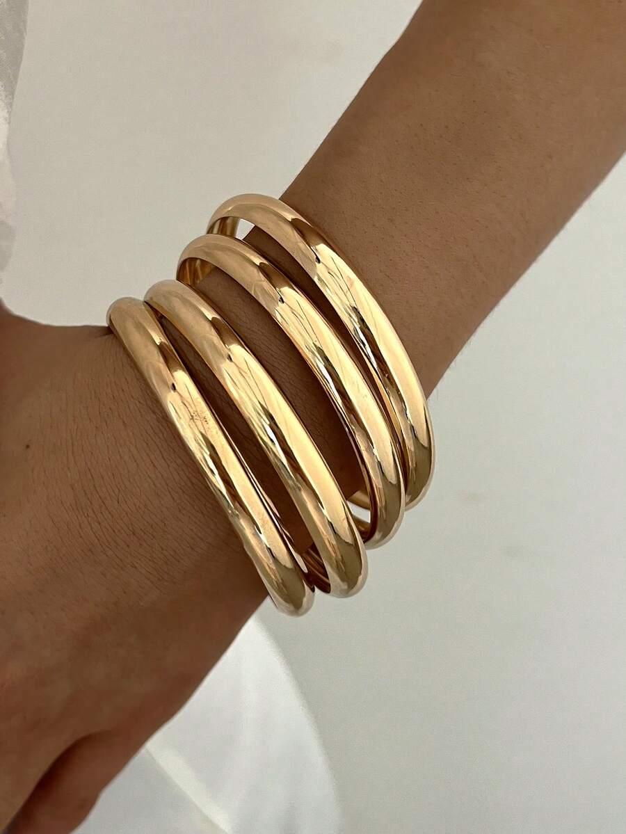 4pcs Multi-Layered Fashion Minimalist Elegant Exquisite Vintage Design Geometric Polished Basic Style Minimalist Plain Metal Round Bangle Set, Holiday Vacation Party Date Gift, Daily Commute Wear, Personalized - Yellow Gold - View 1