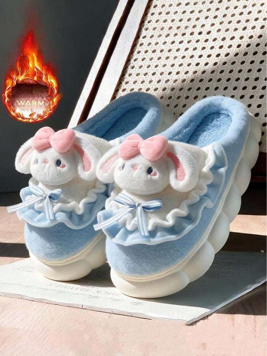 Women's New Indoor Home Cute Cartoon Rabbit Thermal Lined Warm Simple Comfortable Plush Slippers - Blue - View 1