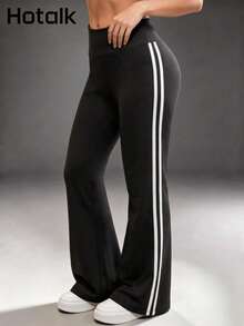 Hotalk Retro 2 White Side Stripes High Waisted Flare Leggings, Tummy Control Sport Bootcut Yoga Pants - Black - View 4