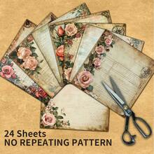 Vintage Rose Old Letter Scrapbook Paper 24 Sheets 6 Inch Aged Yellowed Manuscript Rose Compass Pocket Watch Pattern Junk Journal Collage Photo Album Greeting Card Decoration Background Paper - Square - View 4