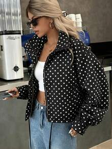 Blogger New Autumn Plus Size Women's Polka Dot Pattern Drawstring Loose Fit White Casual Everyday Wear - Black - View 2