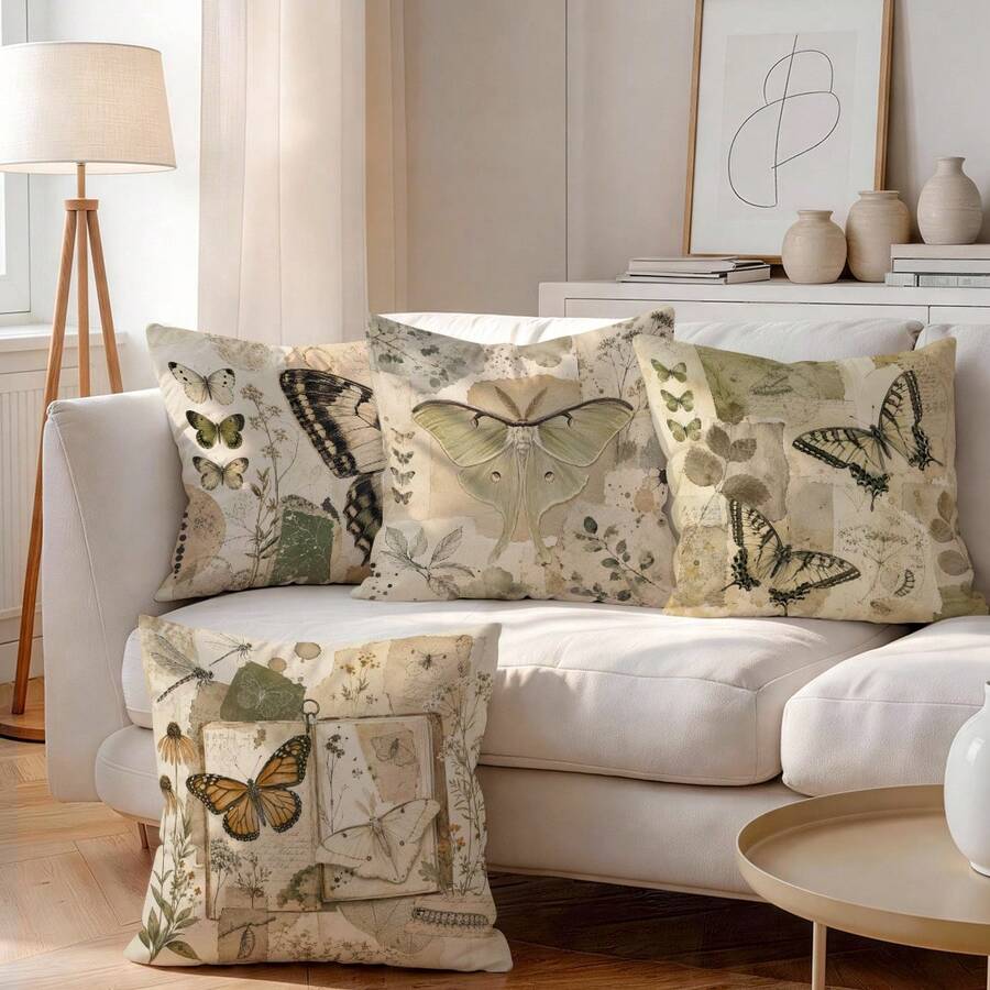 4pcs/1pc Vintage Insect Collage Design Pattern Pillow Case, Single-Sided Print Pillow Cover, Suitable For Living Room, Bedroom, Home Decor, All Season Pillow Case - Multicolor - View 1