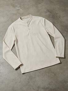 Men's Solid Color Waffle Knit Henley Long Sleeve T-Shirt, Double-Breasted Placket Slim Fit Ribbed Texture Casual Top, Suitable For Spring And Autumn - Apricot - View 4