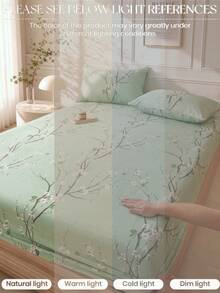 1pc Green Plum Blossom Pattern Fitted Sheet, Mattress Protector, Mattress Cover, Fitted Sheet, Soft And Breathable, Fits All Bed Sizes - Twin, Full, Queen, King, Deep Pocket Up To 11.8 Inches, Machine Washable. Back To School Dorm Essential - Pastel Green - View 5