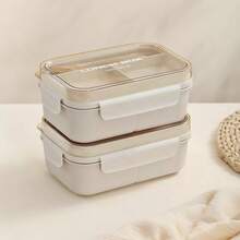 1 hộp cơm bento vuông 3 ngăn dùng được trong lò vi sóng, màu be, có thìa và nĩa, dạng chồng lên nhau, kèm túi đựng cơm và cốc đựng yến mạch, hộp cơm cầm tay chống rò rỉ kín, dễ vệ sinh, phù hợp cho học sinh và nhân viên văn phòng quay lại trường học - Nhiều màu - Xem 10