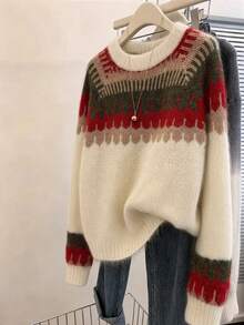 Women's Multi-Color Raglan Sleeve Pullover Sweater - Apricot - View 1