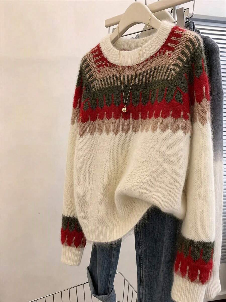 Women's Multi-Color Raglan Sleeve Pullover Sweater - Apricot - View 1