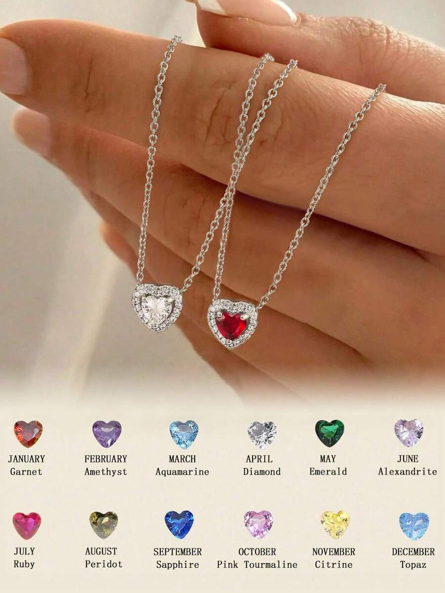ESBERRY 1pc Colorful Zirconia Heart-Shaped Birthstone Pendant Necklace, Elegant Women's Jewelry Gift, Party Accessory