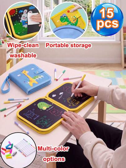 1 Set (Drawing Book + 12 Colored Pens + 2 Wet Wipes) 6 Styles Available Portable Washable Drawing Book 6 Pages Erasable Doodle Board, Drawing Board Portable Doodle Writing Board Small Drawing Book Educational Toy One Wipe Clean Repeated Painting, Multiple Colors Available, Lightweight Easy Storage, Indoor Home Play, Outdoor Travel Trip Can Draw, Inspire Imagination, Fun Drawing Gift For Boys And Girls.