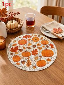 1/4/6PCS Pumpkin Maple Leaf Round Linen Placemats, Rustic Autumn Harvest Printed Dining Table Mats, Farmhouse Heat Resistant Decorative Place Mats For Thanksgiving Kitchen Dining Room Fall Home Table Decor - Multicolor - View 6