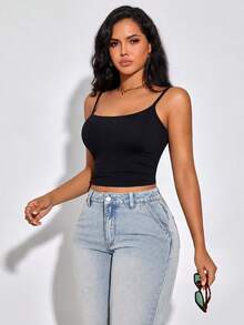 Women's Black High Elastic Seamless Camisole Tank Top, Autumn Layering Innerwear - Black - View 7