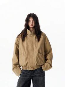 Unisex Loose Casual Minimalist Solid Color Jacket - Khaki - View 1