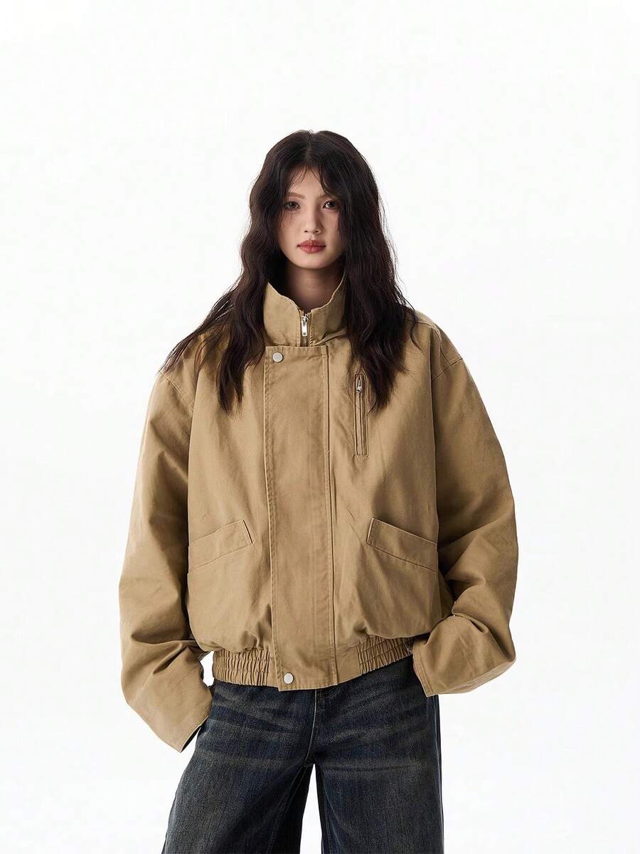 Unisex Loose Casual Minimalist Solid Color Jacket - Khaki - View 1