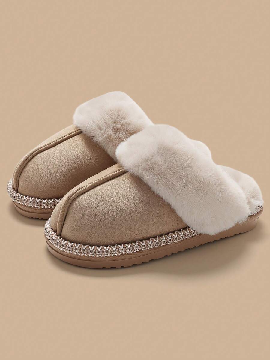 Women's Faux Suede Patchwork Slippers, Thick Sole Fur Lined Warm Closed Toe Slippers For Autumn/Winter