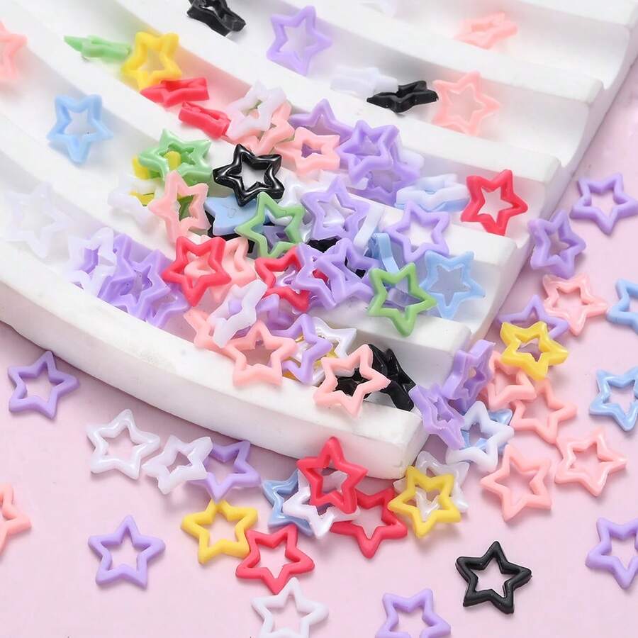 100pcs 8mm 3D Hollow Star Nail Art Charms, Y2K Resin Five-Pointed Star Nail Decorations, For DIY Nails, Mobile Phone Case Decoration - Random Color - View 1