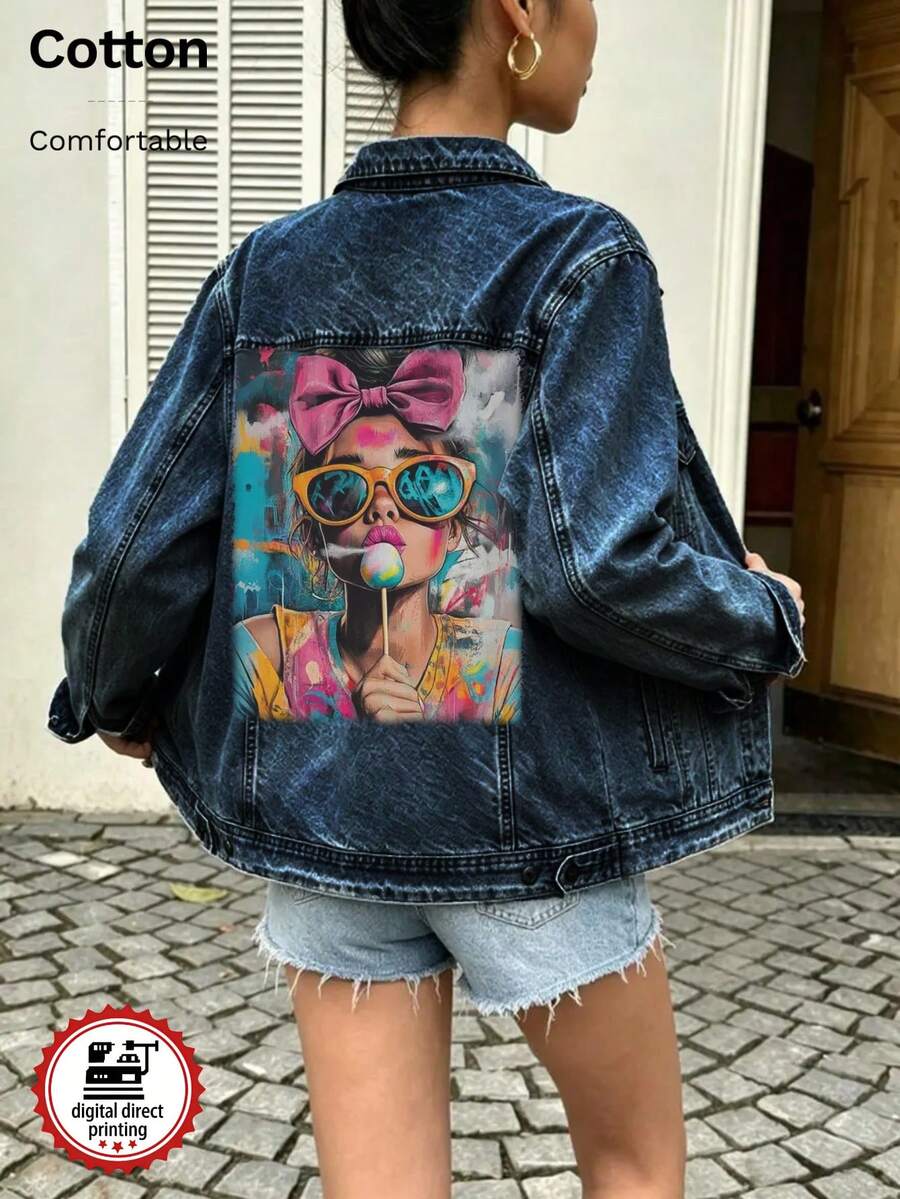 جاكيت جينز نسائي، جاكيت جينز بنقشة بوب أمريكية، طباعة حبر أبيض مباشرة، جاكيت جينز واسع بقصة كلاسيكية مغسولة - أزرق داكن من الدنيم - مشاهدة 1