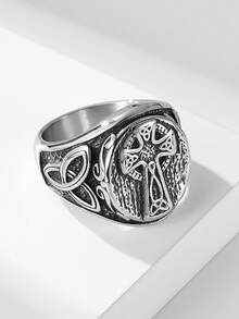 1pc Men's Size Ring, Silver Metal Vintage Cross Ring, Daily Party Music Festival Outfit, Street Accessory - Antique Silver - View 1