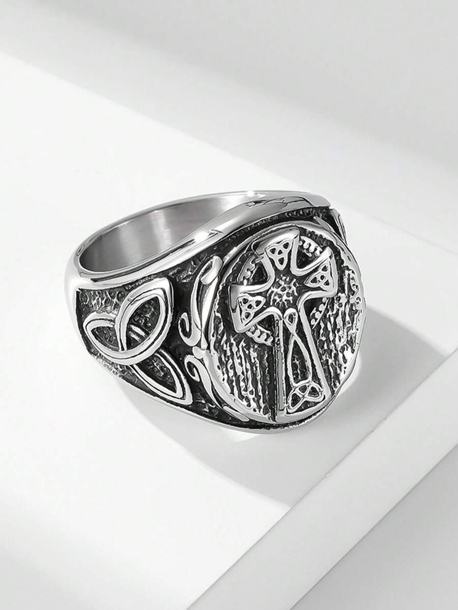 1pc Men's Size Ring, Silver Metal Vintage Cross Ring, Daily Party Music Festival Outfit, Street Accessory - Antique Silver - View 1