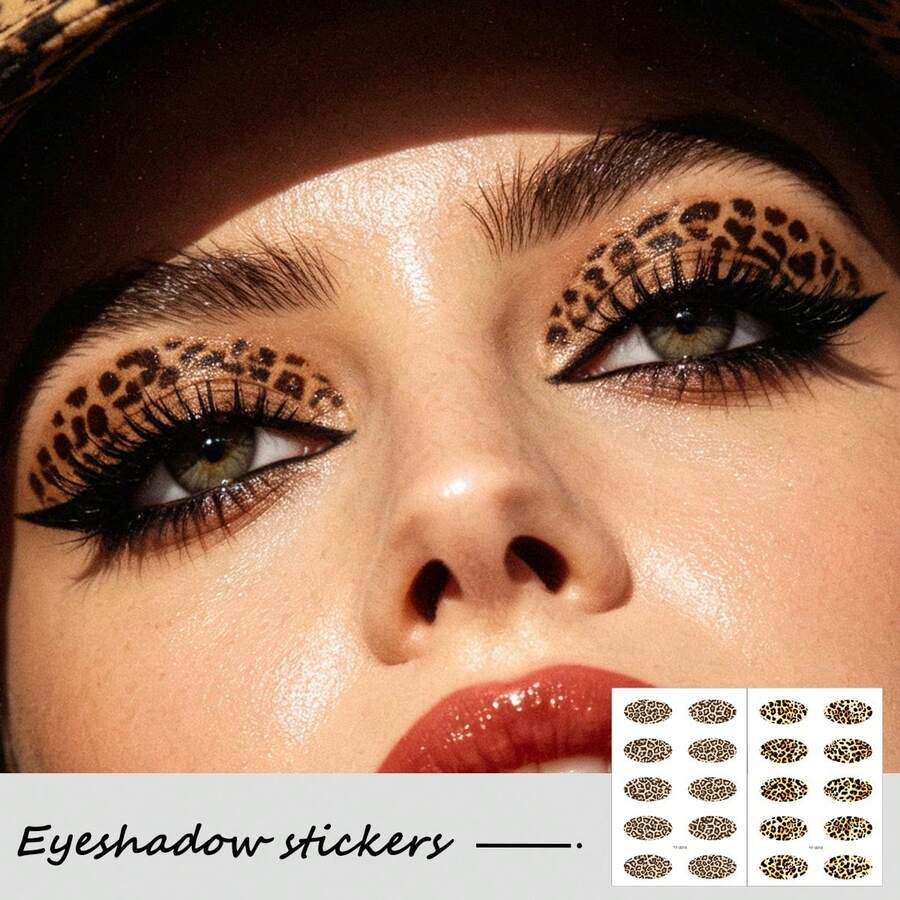 2 Sheets Leopard Print Eyeshadow Stickers, Animal Pattern Temporary Eye Tattoo Decals, Quick Easy Eye Makeup Stickers, Waterproof Leopard Eye Stickers For Women Rave Festival, Night Club, Halloween Carnival, Cosplay Party Makeup Accessories