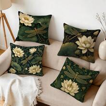 4pcs/1pc Vintage Gilded Lotus & Dragonfly Pattern Pillow Case, Single-Sided Printed Pillow Case, Suitable For Living Room, Bedroom, Home Decor, All-Season Pillow Case - Multicolor - View 9