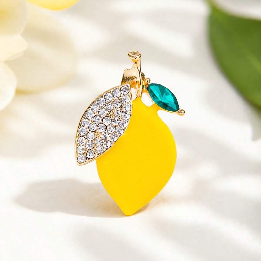 Vintage Rhinestone Inlaid Lemon Fruit Brooch Pin, Gold‑Tone Enamel Statement Accessory For Daily Outfit Clothing Decoration - Yellow - View 1