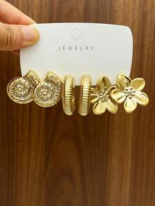 Women's Mixed Gold Shell & Flower Hoop Earrings 9 Pairs Set, Seashell Texture Thick Style Personalized Daily Accessories - Gold - View 8