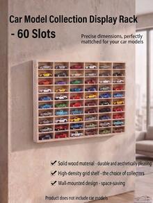 Wall Mounted 60 Slot Wooden Model Car Display Storage Case, Space Saving Organizer Rack With Hanging Hook - Beige - View 1