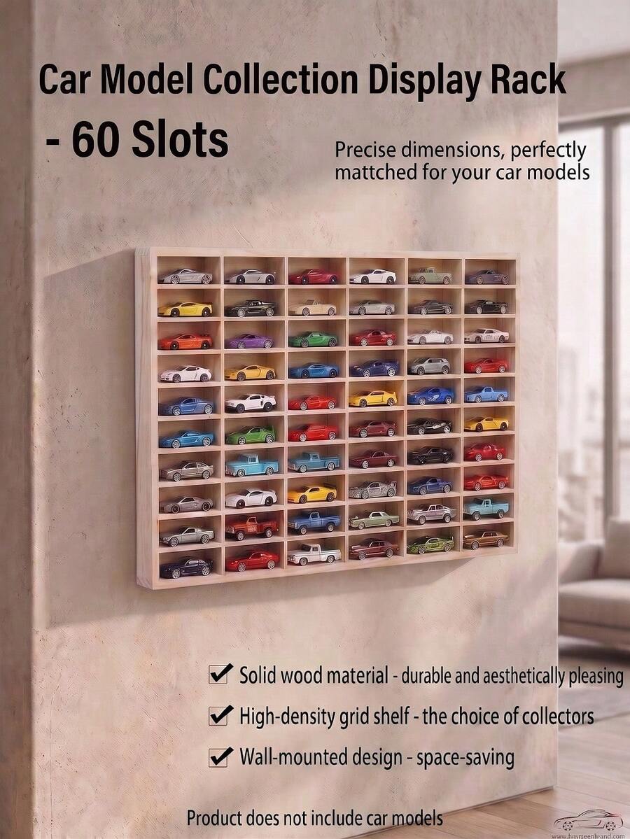 Wall Mounted 60 Slot Wooden Model Car Display Storage Case, Space Saving Organizer Rack With Hanging Hook - Beige - View 1