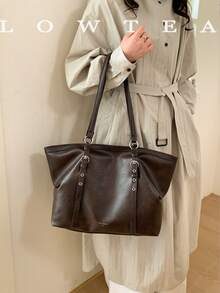 low tea 1pc Square PU Fabric Shoulder Tote Bag With Buckle, Suitable For Commuting, Shopping And More - Coffee - View 8